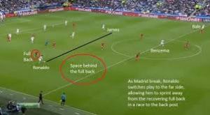 Renaldo passes to James and the runs behind the defense as James hits a long ball to him.